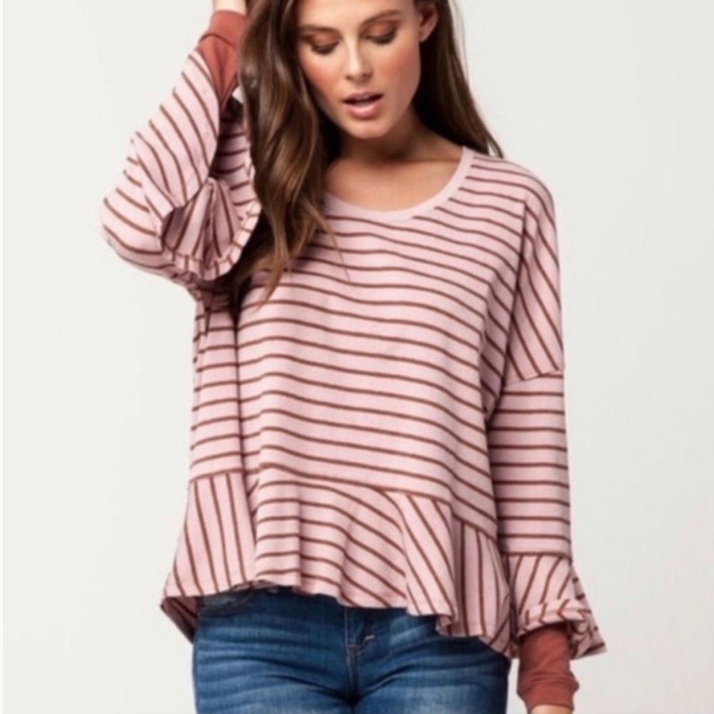 Free People We The Free Waffle Knit Pink Striped Peplum Bell Sleeve Top Size XS